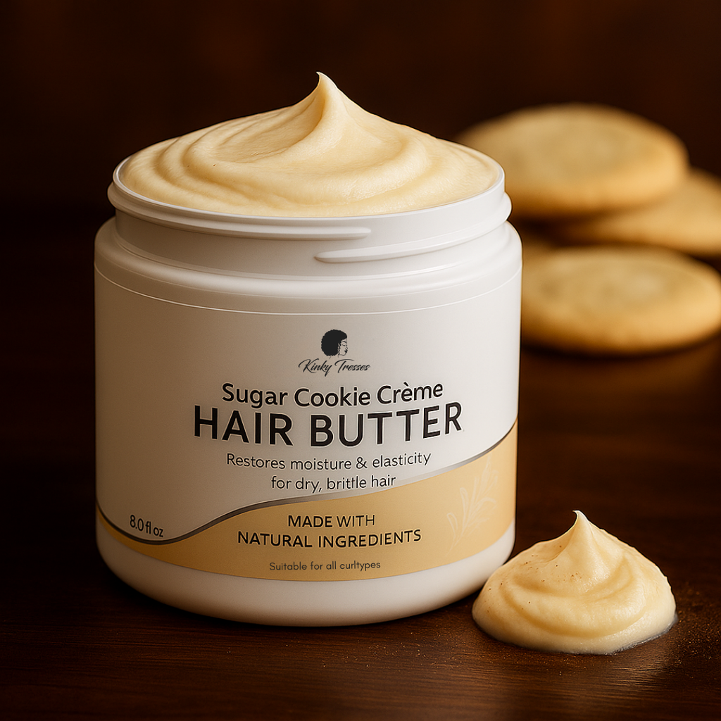 Sugar Cookie Crème Hair Butter in 8oz white jar for 4C natural curls, whipped moisturizing formula for dry, brittle curls